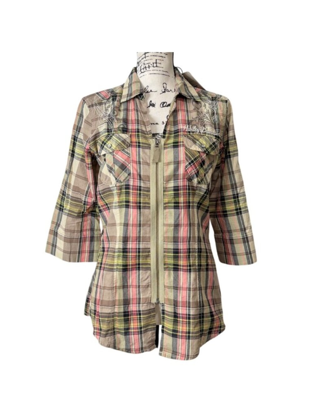 Harley Davidson Womens Size M Zip-Up Shirt Plaid Top Embroidered Pink Tan NEW